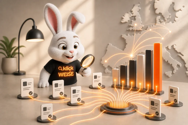 Klickweise-Maskottchen visualisiert Deutscher Zitationsindex in einer eigenständigen Mess- und Analyseszene.